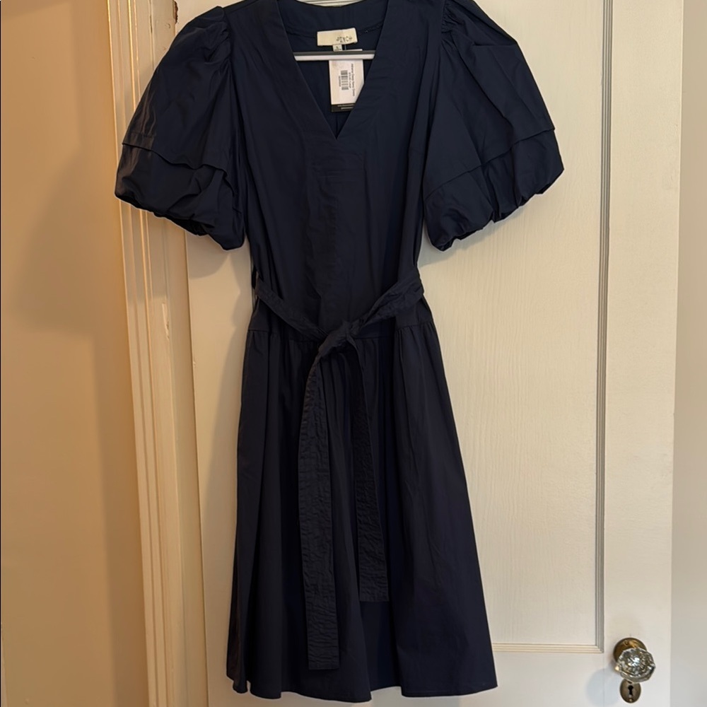 Lightweight V Neck Cotton Navy Dress with Puff Sleeves